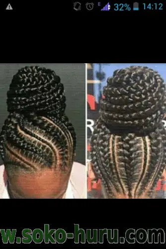 mwongezo styles in Kenya: mixed-size braids in a high bun