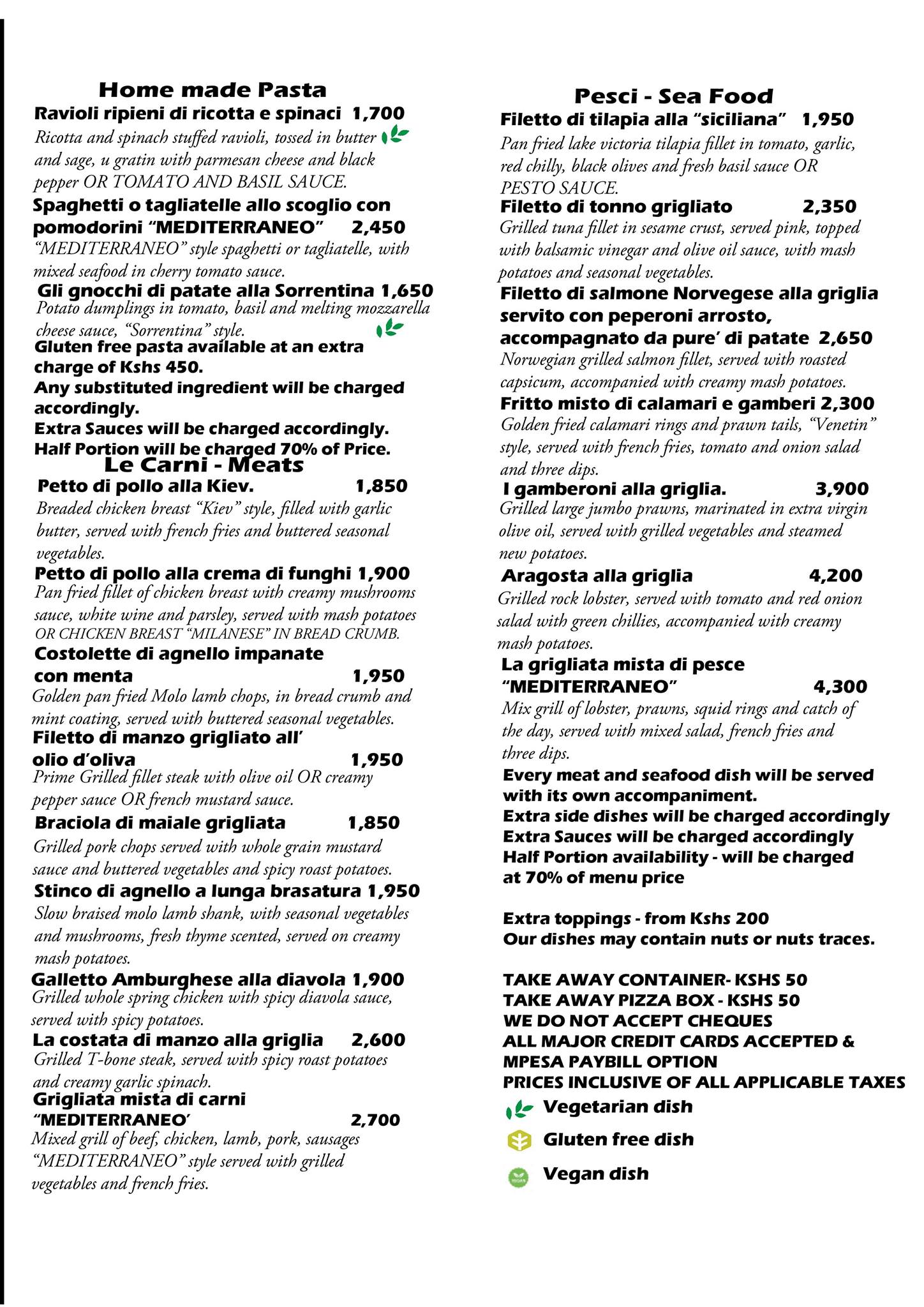 Mediterraneo Restaurant Nairobi Menu Page 2