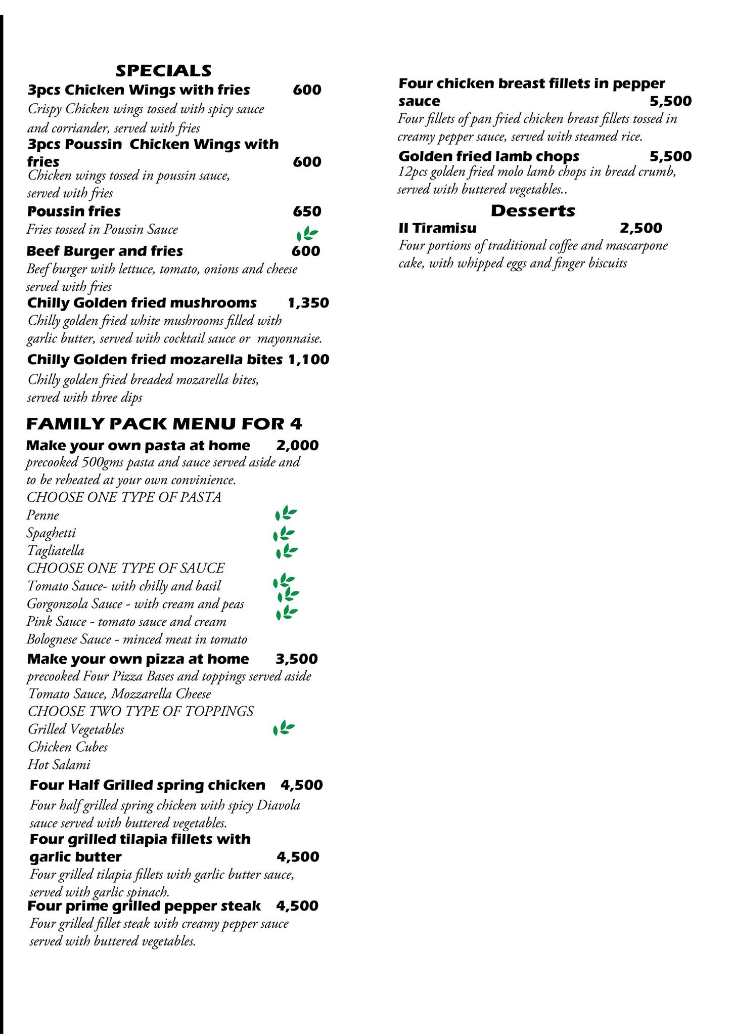 Mediterraneo Restaurant nairobi Family Pack Takeaway Menu