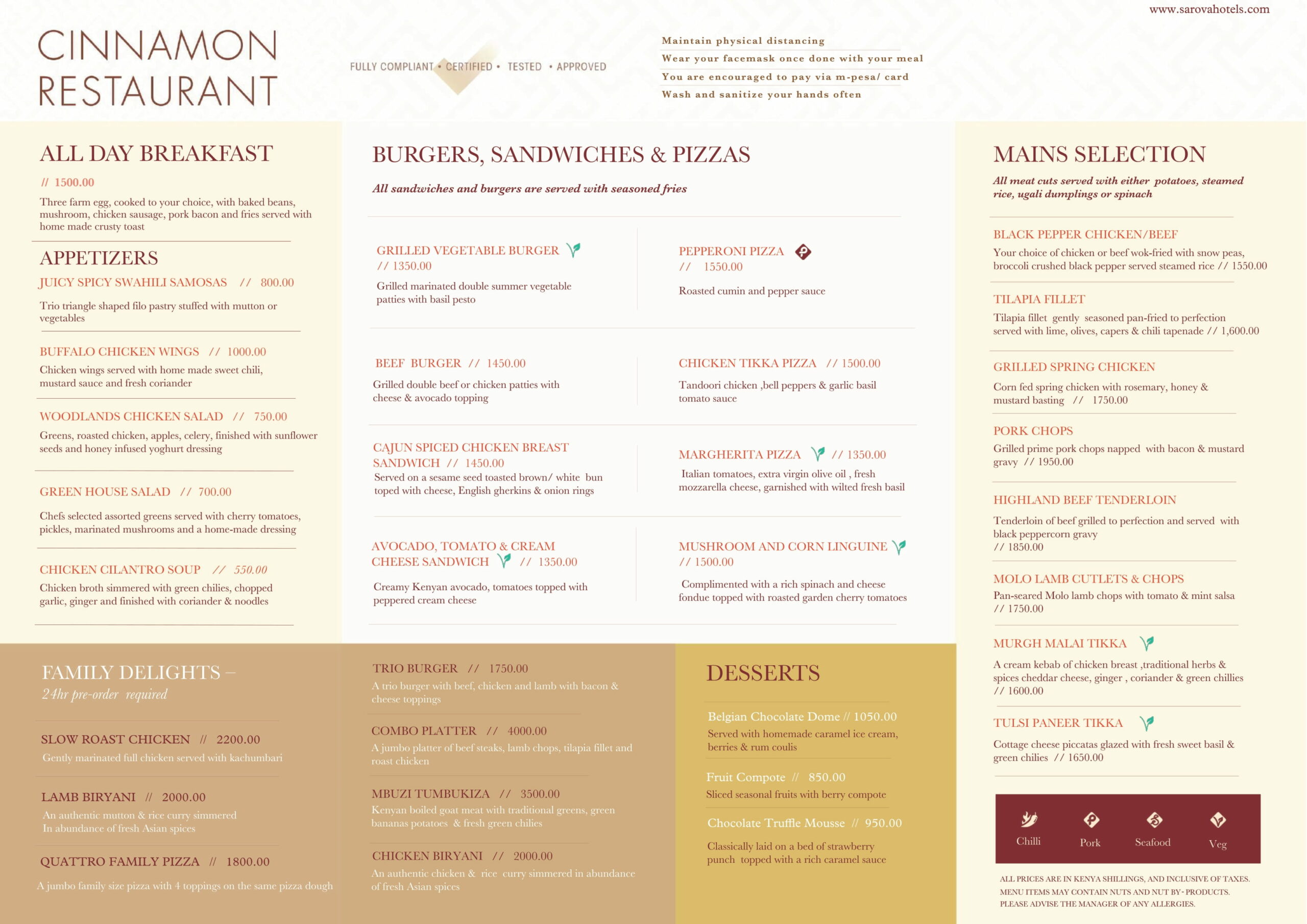 Sarova Woodlands Food Menu Prices: Cinnamon Restaurant