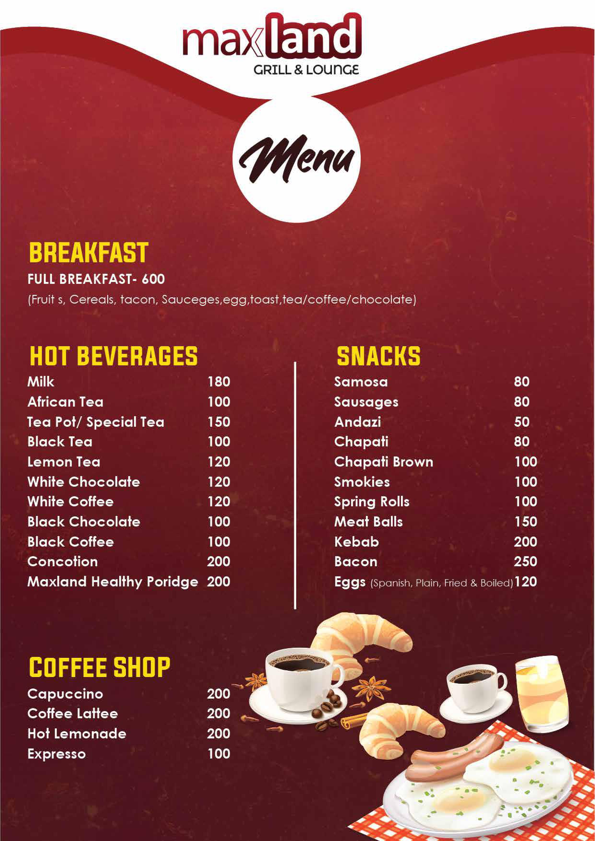 Maxland Waiyaki Way menu: Breakfast, hot beverages, coffee shop, and snacks