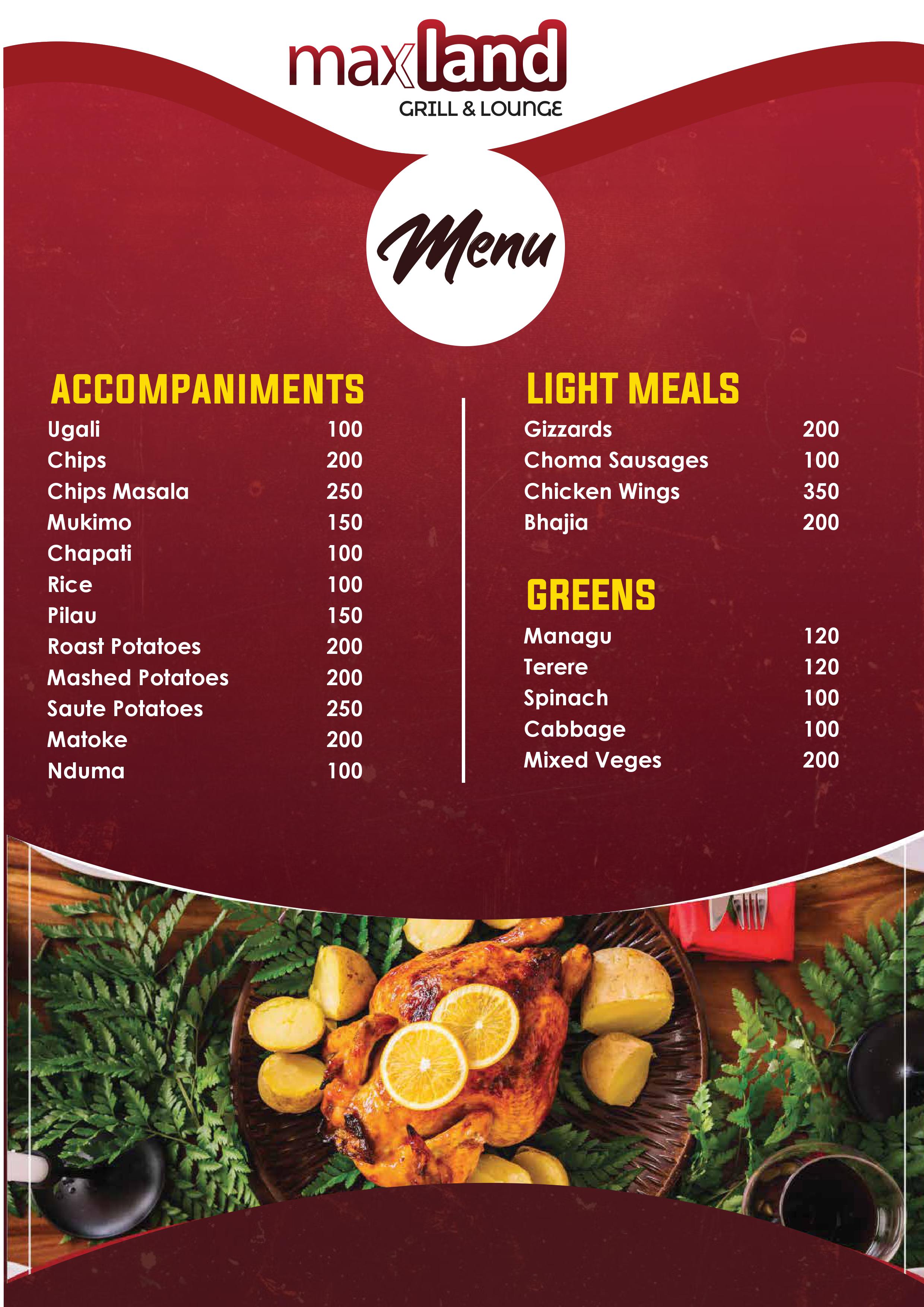 Maxland Waiyaki Way menu: accompaniments, light meals, and greens