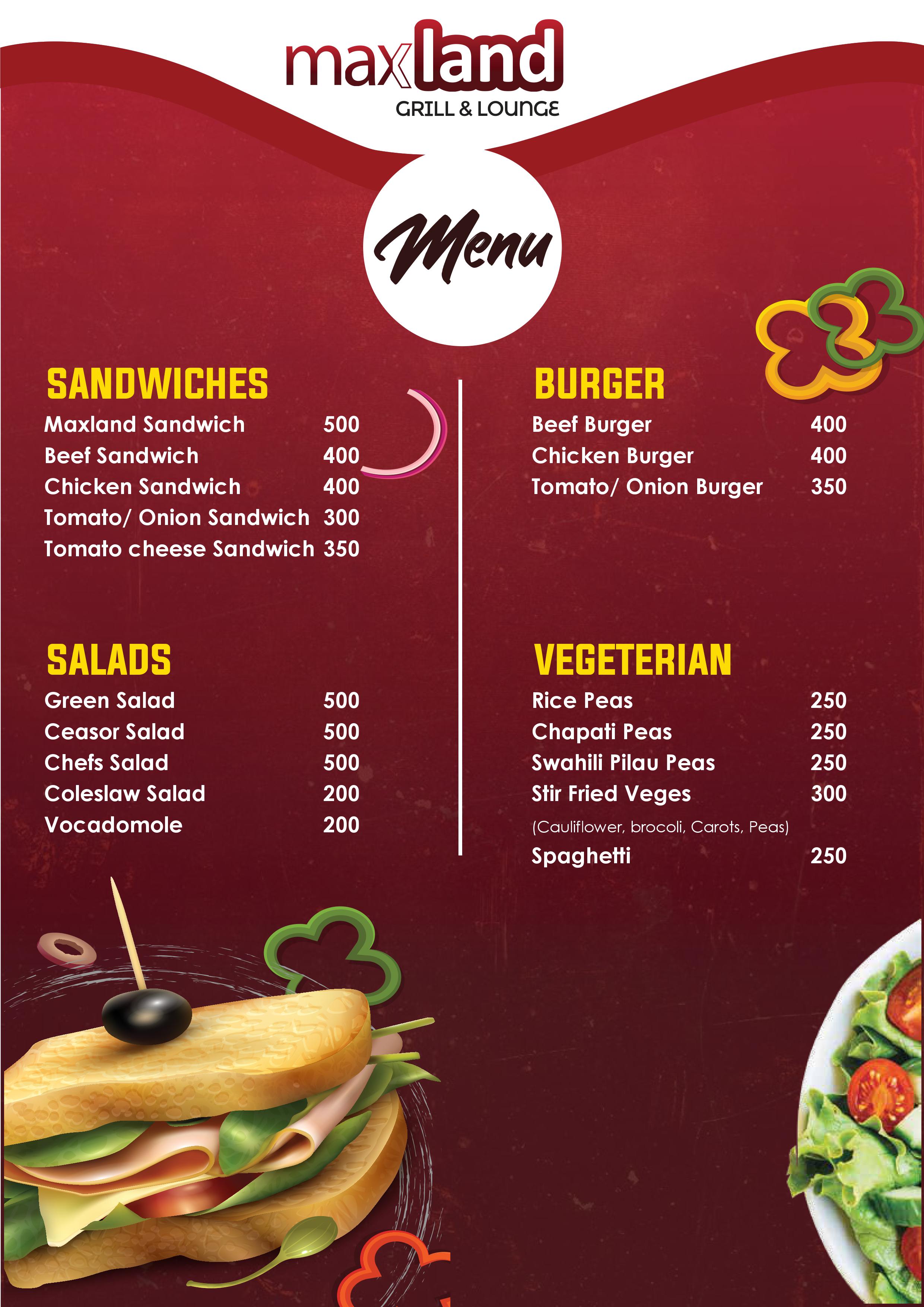 Maxland Waiyaki Way menu: sandwiches, salads, burger, vegetarian