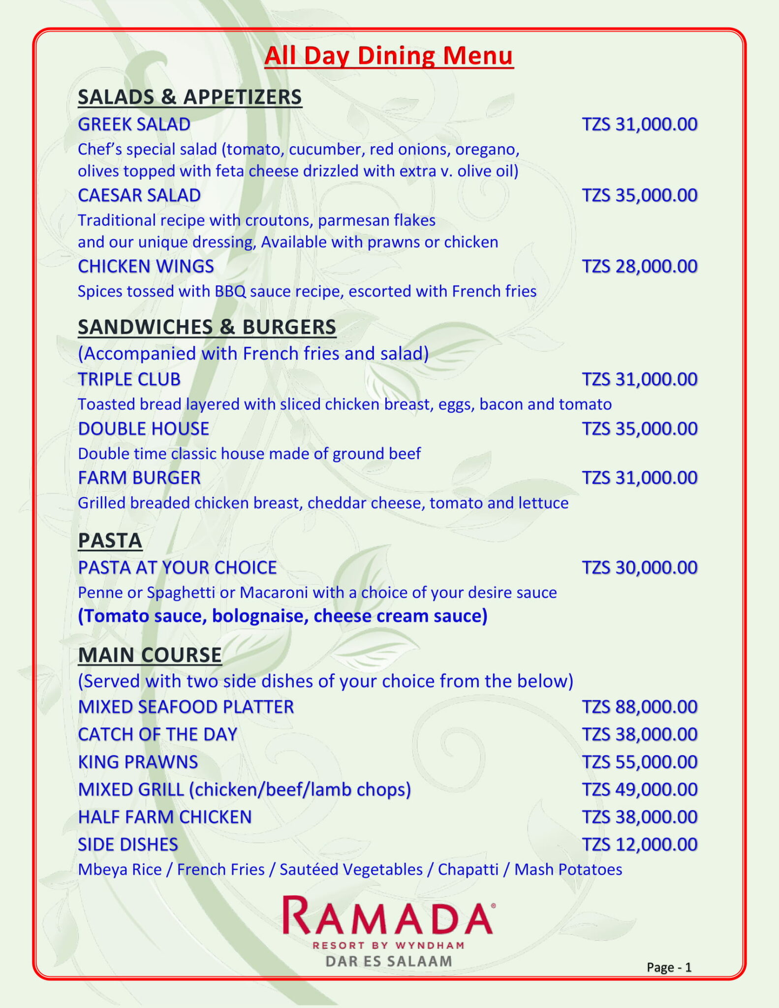 Ramada Hotel Dar es Salaam Menu & Restaurant Menu 2022 and Menus at