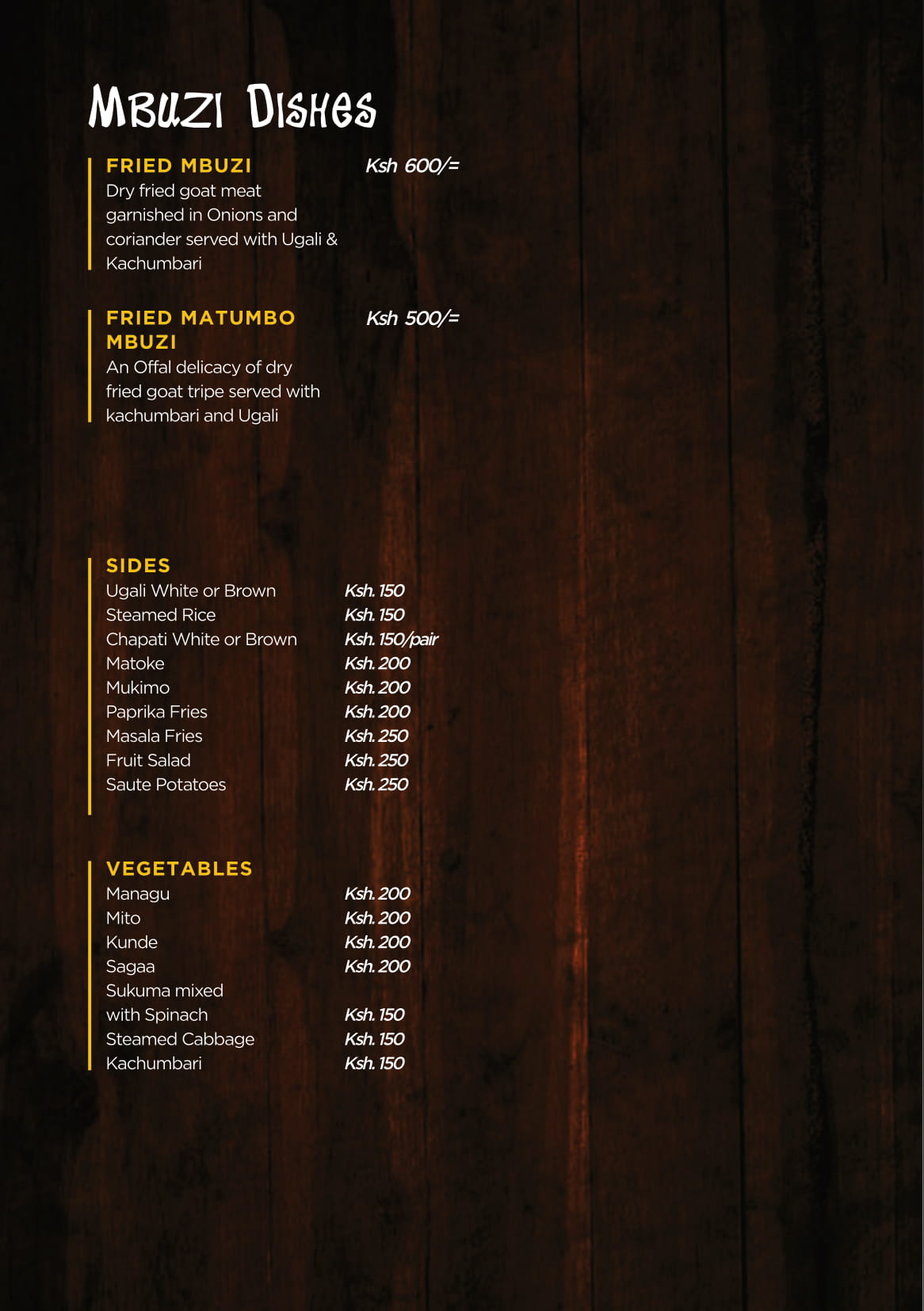 Kosewe Westlands Menu Mbuzi Dishes