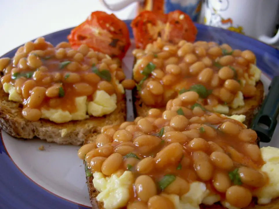 Baked beans and scrambled eggs on toast