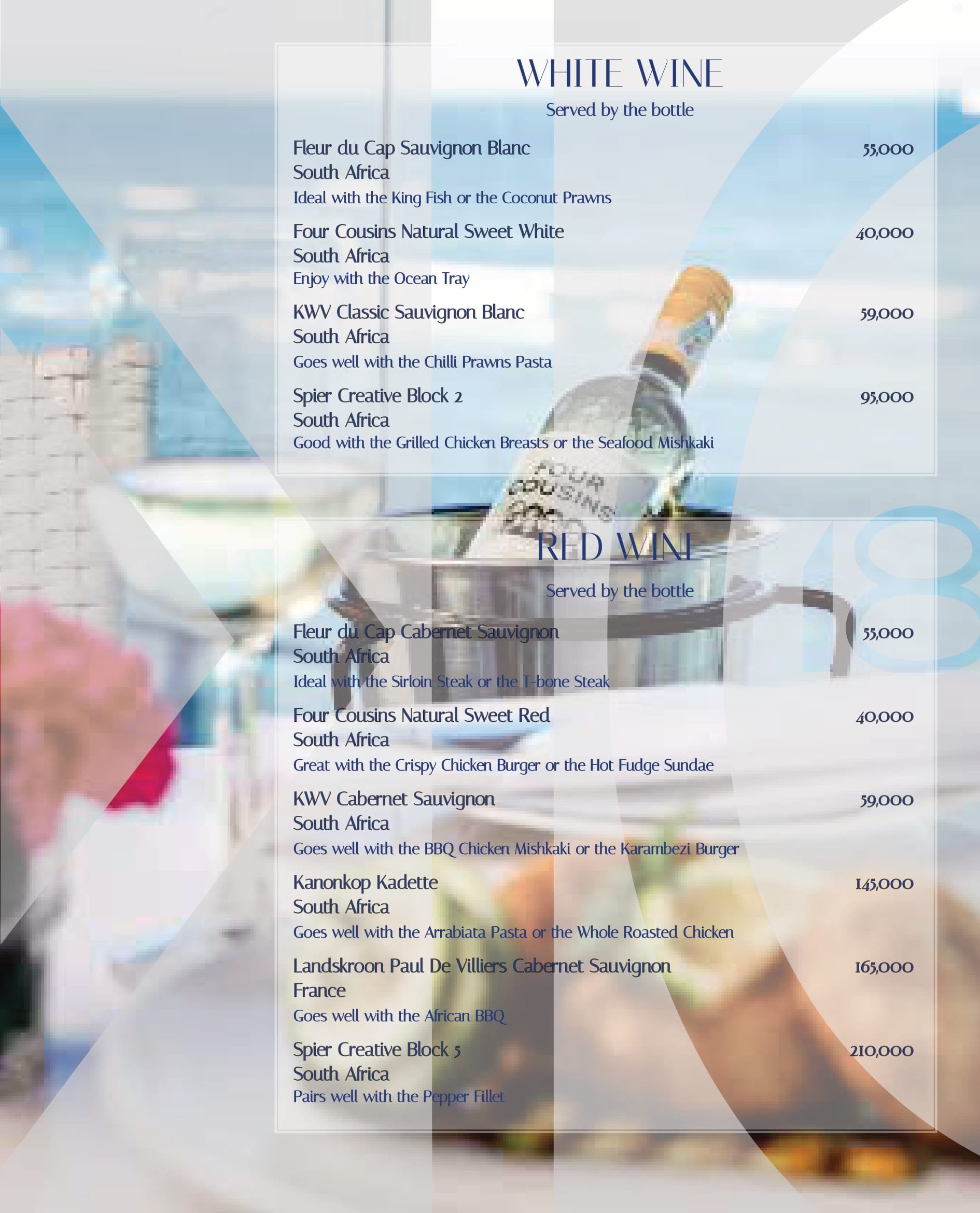Karambezi drinks menu: White wines