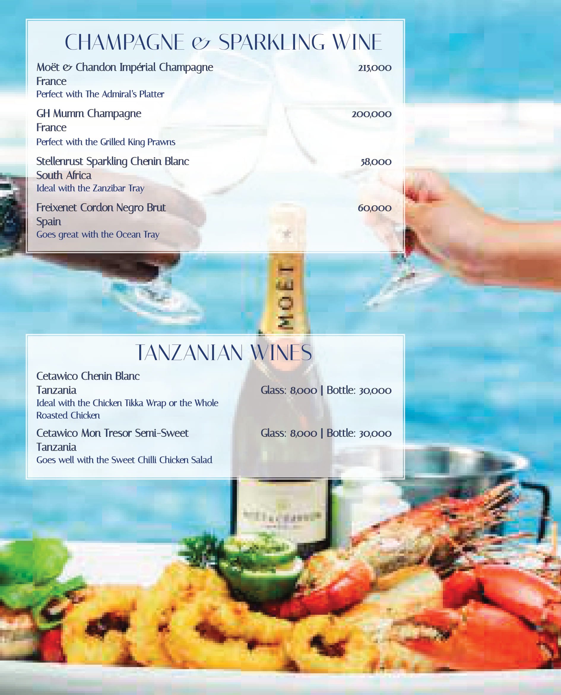 Karambezi drinks menu: Champagne, Sparkling wines, and Tanzanian wines