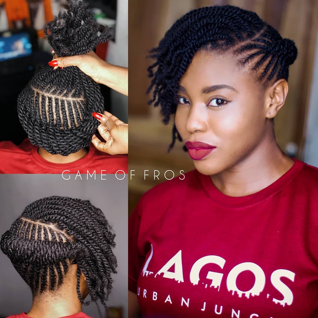 latest hairstyles for ladies in Kenya 2021: Back rolled up flat twists with fringe