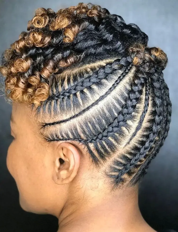 latest hairstyles for ladies in Kenya 2021: Mixed size cornrows with finger coil front