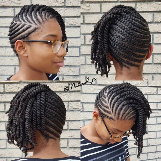 latest hairstyles for ladies in Kenya 2021: Side swept cornrows with forward flat twists