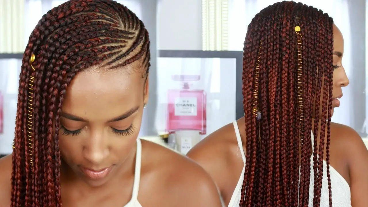 mixed colour braids for dark skin: Burgundy and Copper Lemonade braids