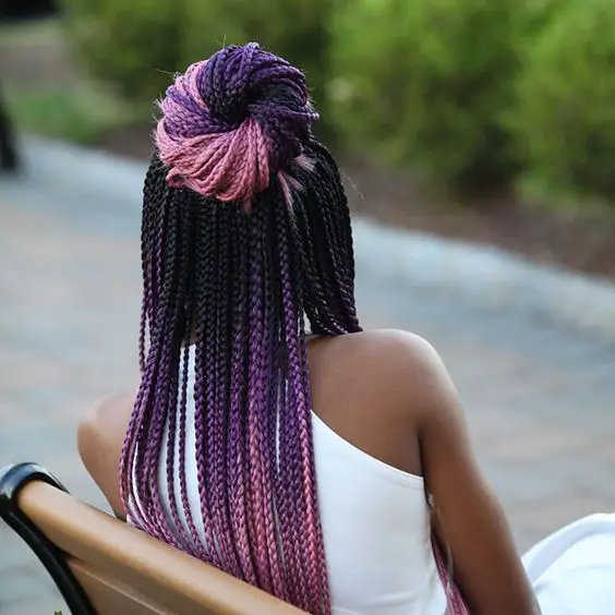 different color braids for dark skin: Pink, Purple, and black braids