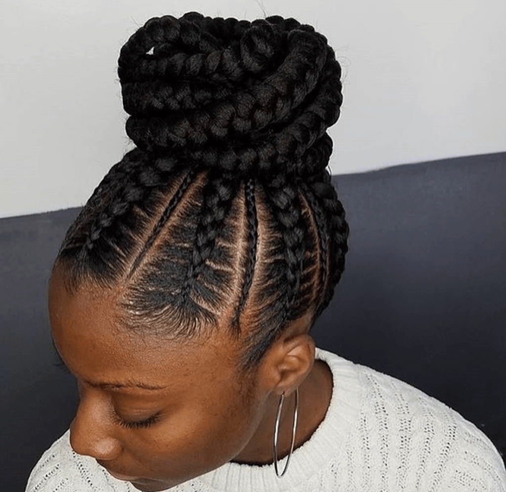 Abuja hairstyles in Nairobi/latest Ghanian lines 2020: Plaited updo with multithickness feeder lines