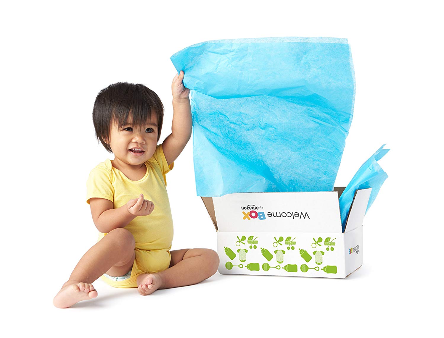 Asian child with Amazon Baby Wish List welcome box