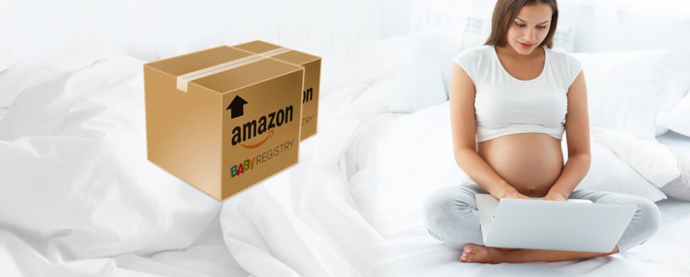 Pregnant woman surfing the web next to Amazon boxes