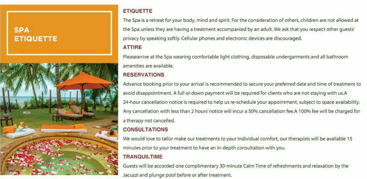 Tulia Spa Menu Spa Etiquette