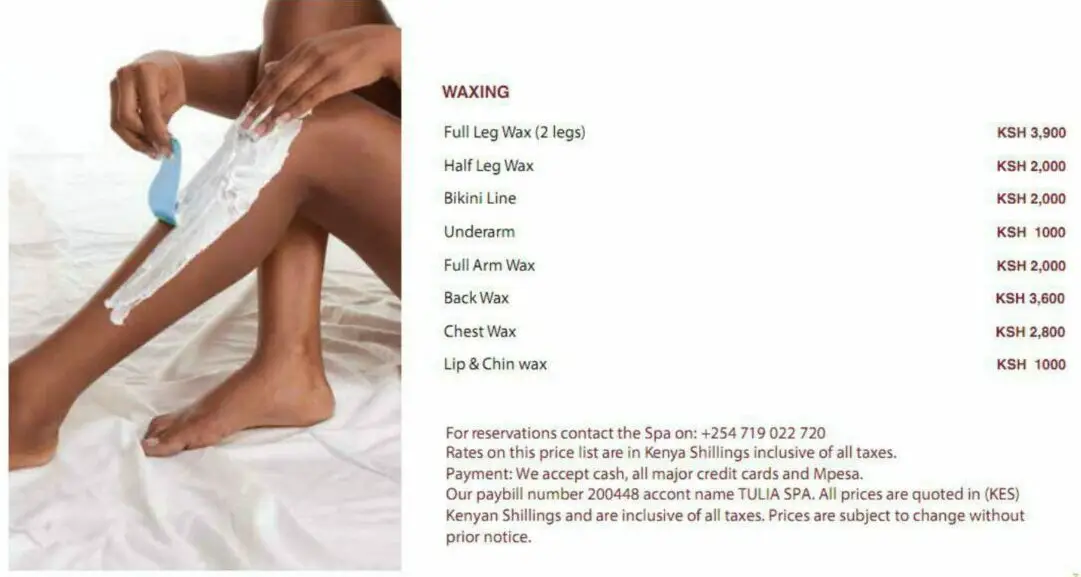 Tulia Spa Menu Waxing
