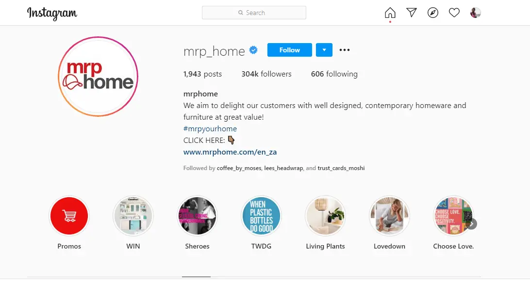 Mr Price Home Instagram Account for all countries including Kenya