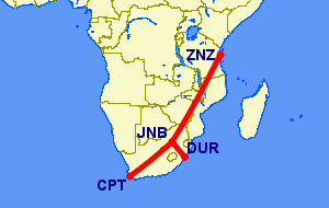 Map of flights from Johannesburg to Zanzibar