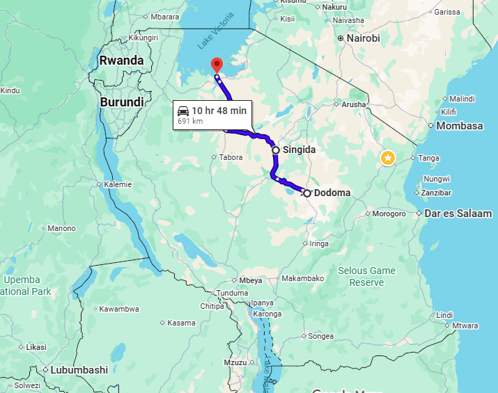 Distance from Dodoma to Mwanza via Singida