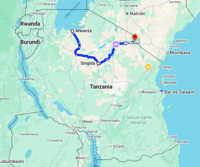 Distance From Mwanza to Moshi via Singida
