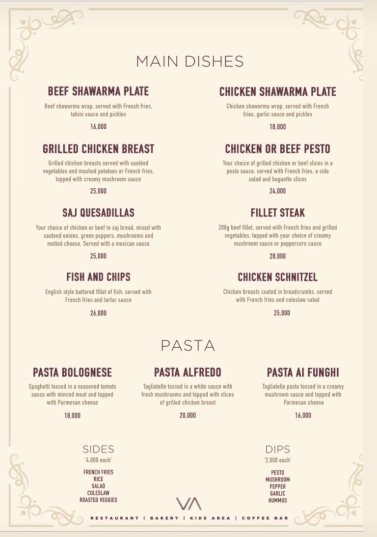 Full Levant Dar es Salaam Menu 2024 Good Food in a Classy Environment