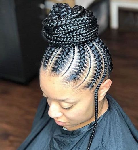 Different Types of Braids Styles for Black Hair: mulitisized cornrows with a braided bun
