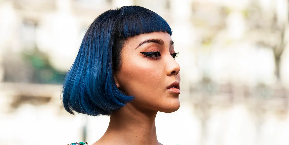 Colored Hair Styles: a blue bob on an Asian woman