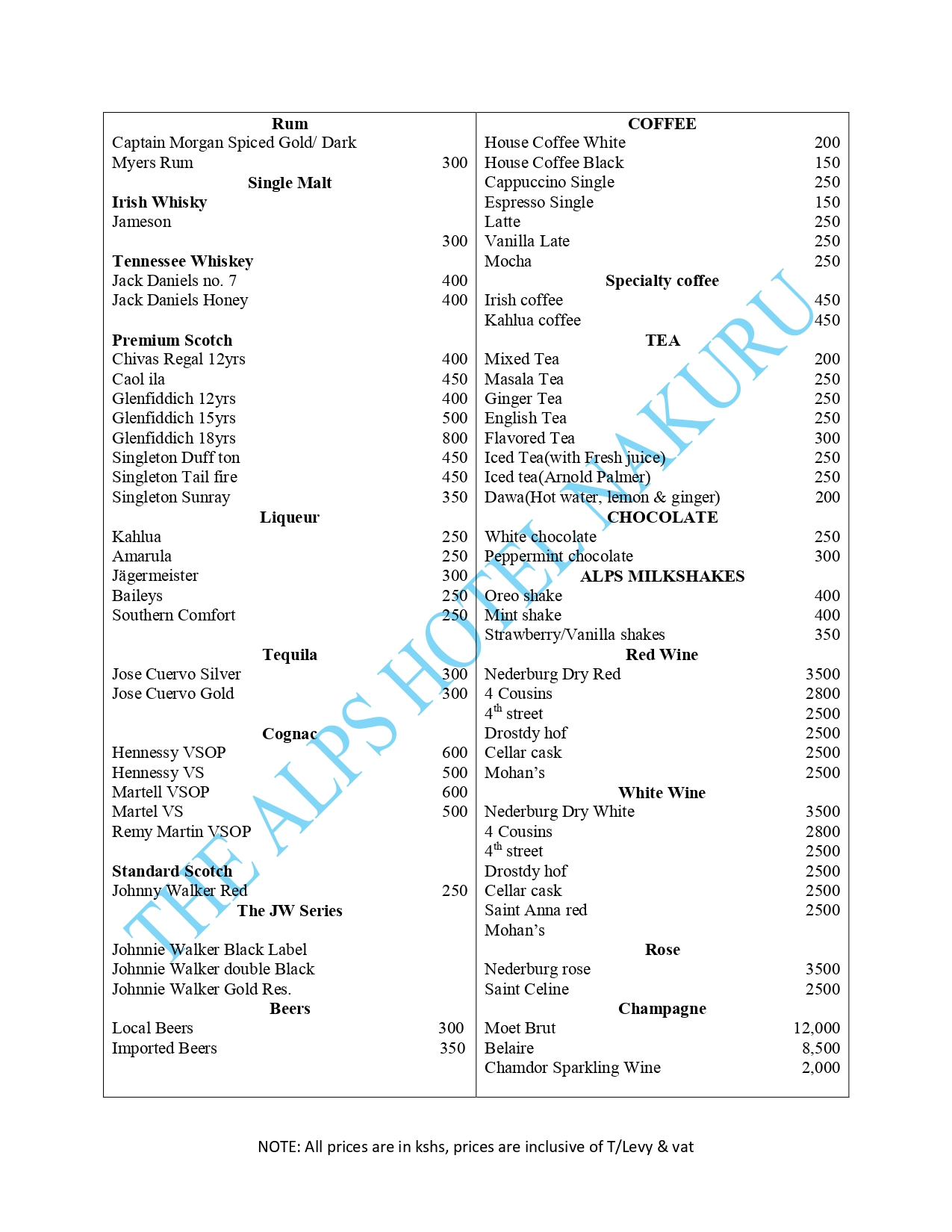 The Alps Hotel Nakuru Menu Drinks