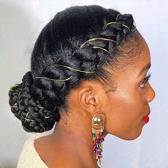 Hair Braiding Styles for Wedding: crown braid with gold string