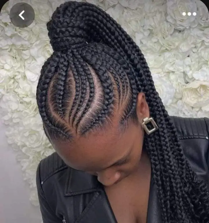 Ganians Hair Styles: Mutlisized curved Ghana braids in a high ponytail