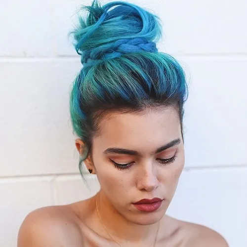 Hairstyles Top Knot: turquoise messy top knot